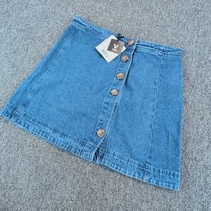 Very J Women Denim Mini Skirt Size M Indigo Blue Button Front A-Line Y2K